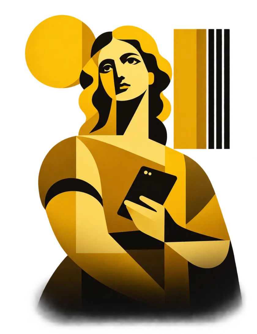 Statua classica che tiene uno smartphone: il classico incontra le nuove intelligenze artificiali