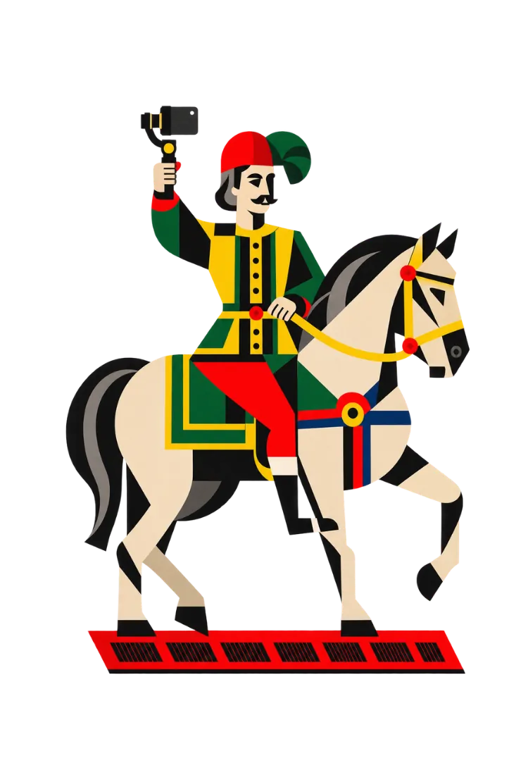 Cavaliere illustrato in stile carte da gioco che filma con lo smartphone